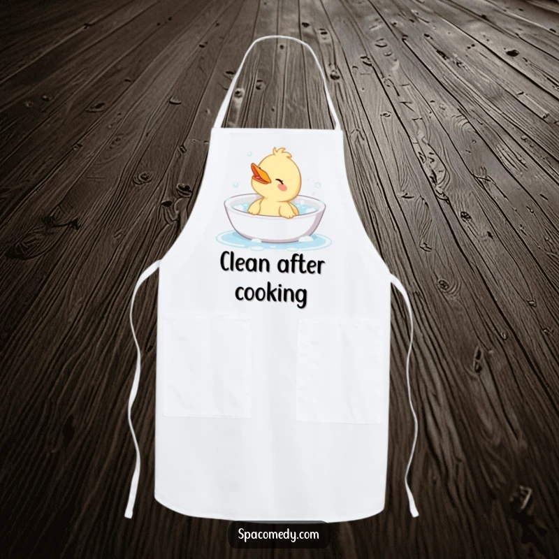 Funny apron with a cute duck character enjoying a bubbly bath, adding a humorous and practical element to kitchen wear.