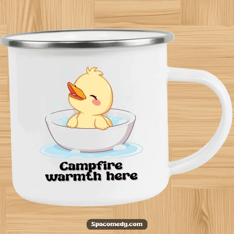 Funny camping mug with a cute duck character enjoying a bubbly bath, ideal for outdoor adventures and humorous relaxation.