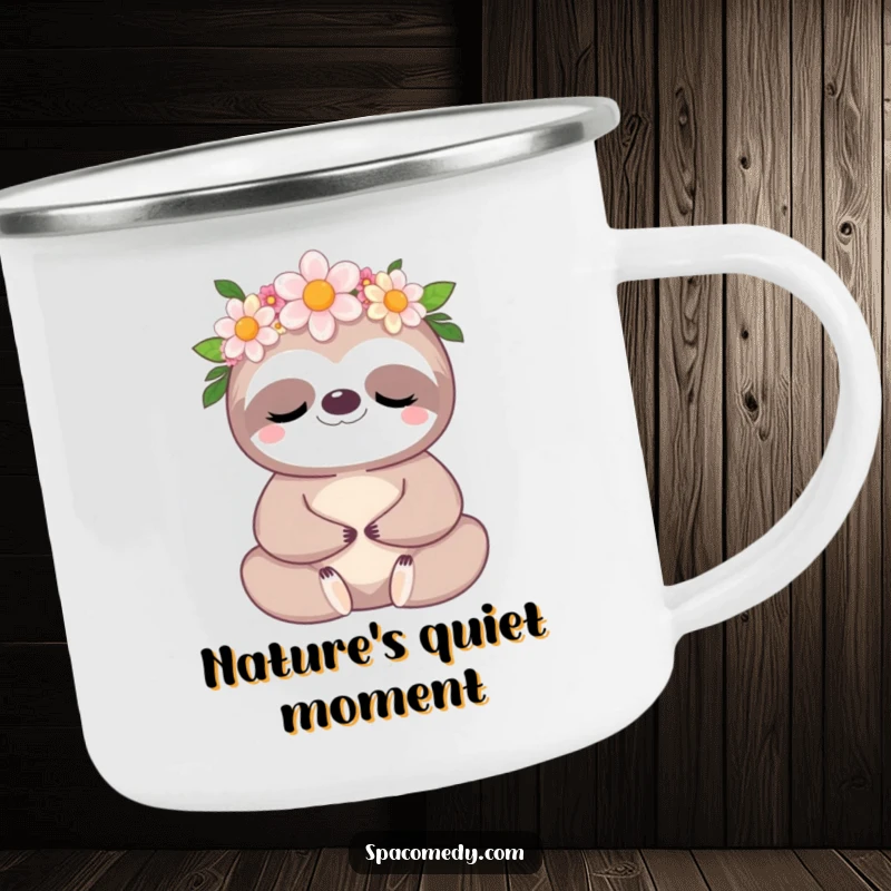 Funny Kawaii Sloth Camping Mug: A sloth wearing a flower crown, meditating peacefully outdoors.