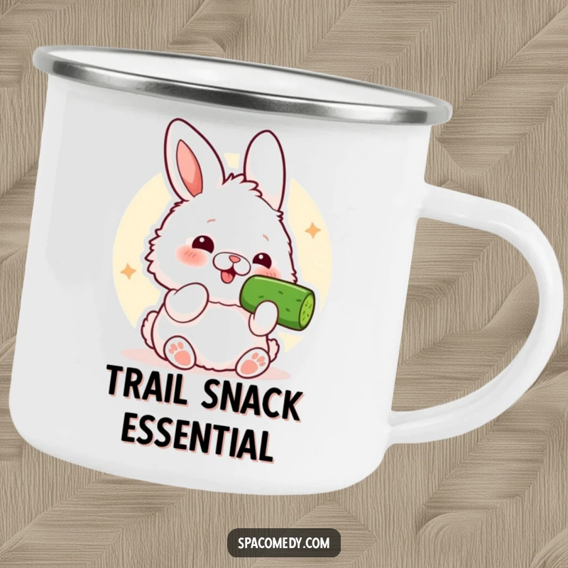 Funny Kawaii Bunny Camping Mug: A fluffy bunny comically enjoying a cucumber slice by the campfire.