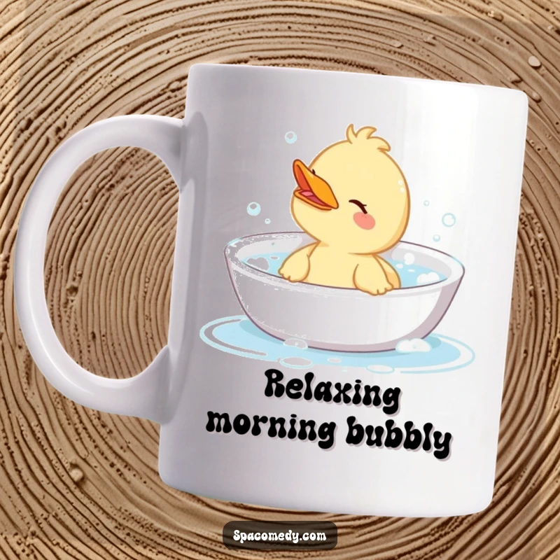 Funny mug depicting a cute duck character blissfully enjoying a relaxing soak in a bubbly bathtub, symbolizing ultimate relaxation.