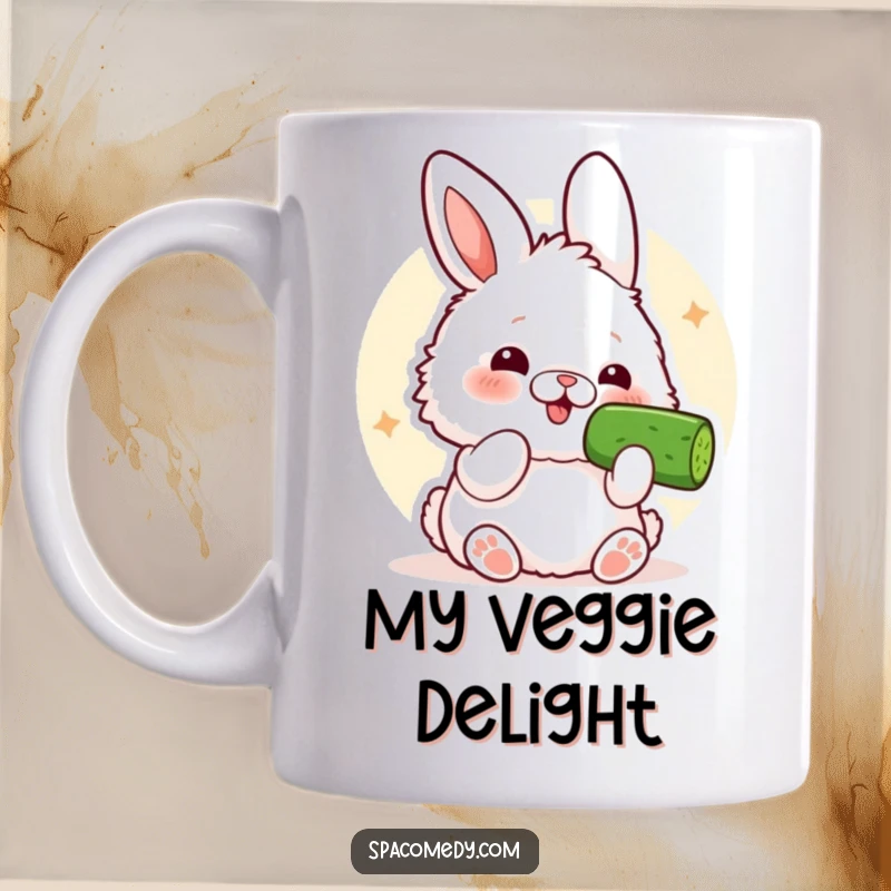 Funny Kawaii Bunny Mug: A fluffy bunny comically chomping on a refreshing cucumber slice, bringing pure joy.