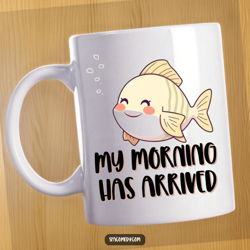 Funny fish mug with character blissfully enjoying a spa steam mist, conveying ultimate relaxation and aquatic joy.