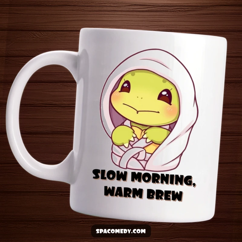 Funny shy turtle mug featuring a character peeking out from a spa robe, embodying bashful relaxation and humor.