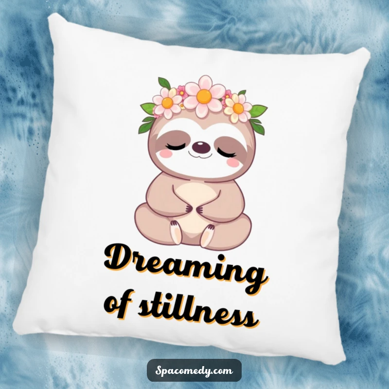 Funny Kawaii Sloth Pillow: A cute sloth in a flower crown, meditating peacefully, perfect for lounging.