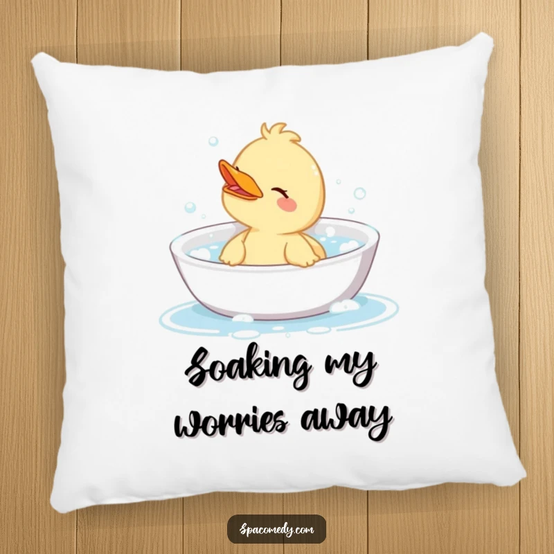 Funny pillow featuring a cute duck character enjoying a bubbly bath, providing humorous comfort and a quirky decorative touch.