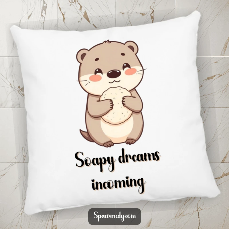 Funny otter pillow with a cute character holding a loofah, offering humorous comfort and adorable bath-time charm.