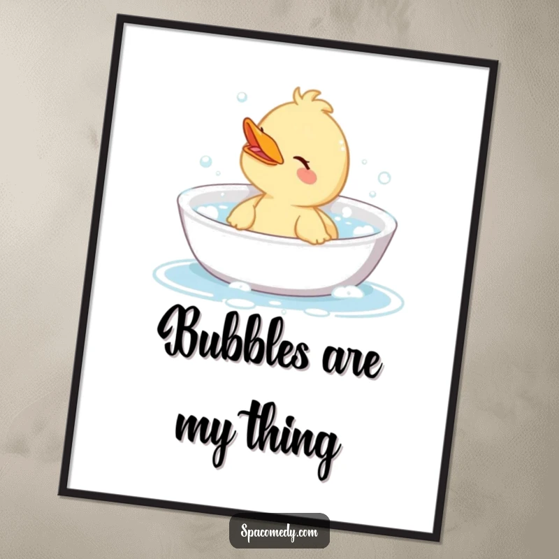 Funny digital art print of a cute duck character enjoying a bubbly bath, perfect for whimsical and humorous, relaxing wall decor.