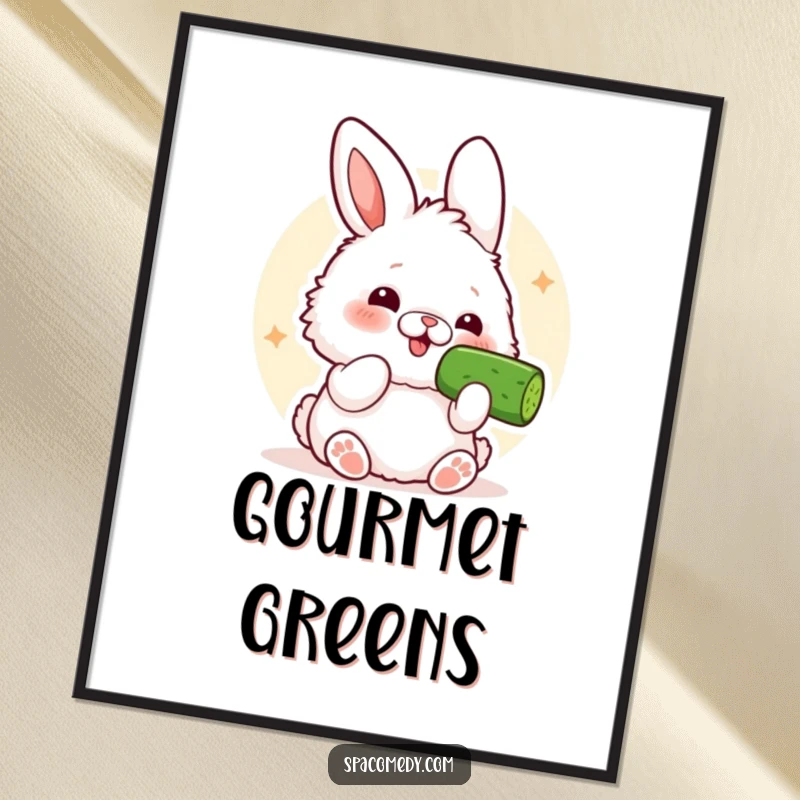 Funny Kawaii Bunny Digital Art: A fluffy bunny comically devouring a cucumber slice with pure delight.