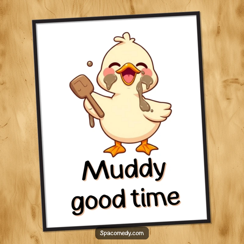 Funny Kawaii Duck Digital Art Print of a cute duck joyfully applying mud, ideal for spa decor and adding a humorous, relaxing vibe.