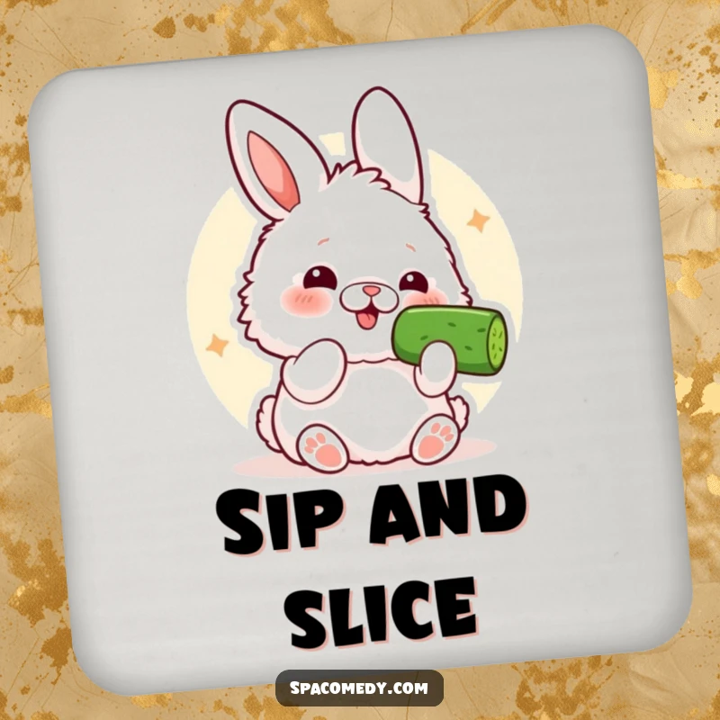 Funny Kawaii Bunny Coaster: A cute bunny comically eating a cucumber slice, protecting your table.