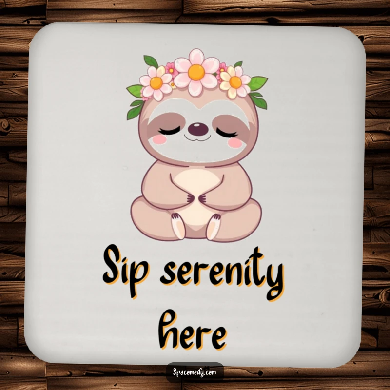 Funny Kawaii Sloth Coaster: A cute sloth in a flower crown, meditating peacefully on your table.