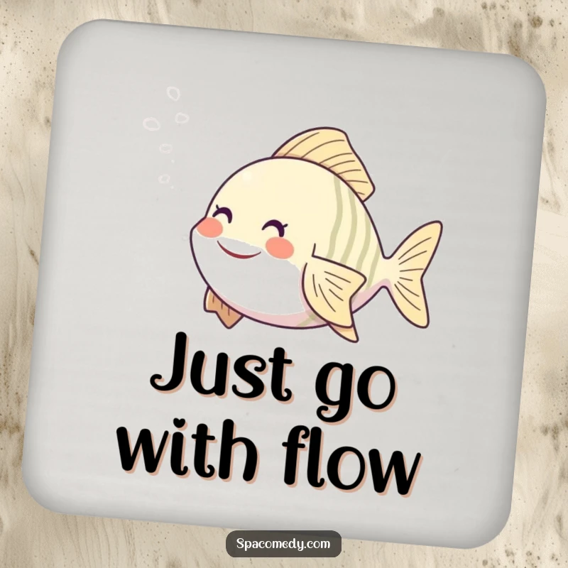 Funny fish coaster featuring a character enjoying a steam mist, a humorous and practical addition to drink service.