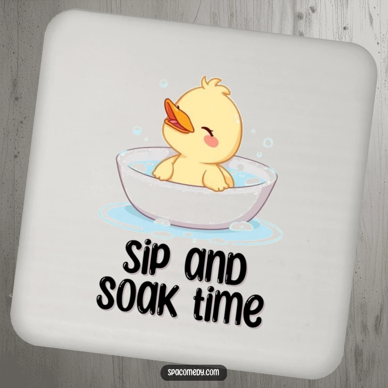 Funny drink coaster featuring a cute duck character enjoying a bubbly bath, offering humorous protection for surfaces.