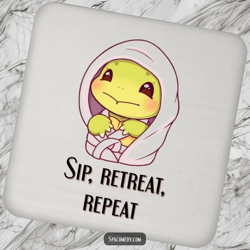 Funny shy turtle coaster featuring a character peeking from a spa robe, a humorous and protective addition to any surface.