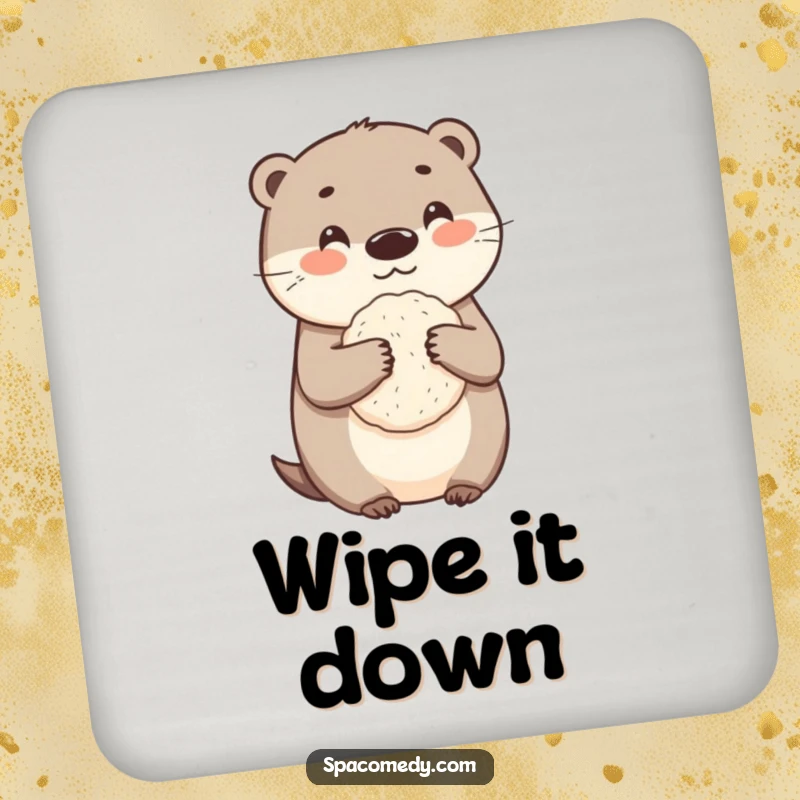 Funny otter coaster featuring a cute character holding a loofah, a humorous and protective addition to any surface.