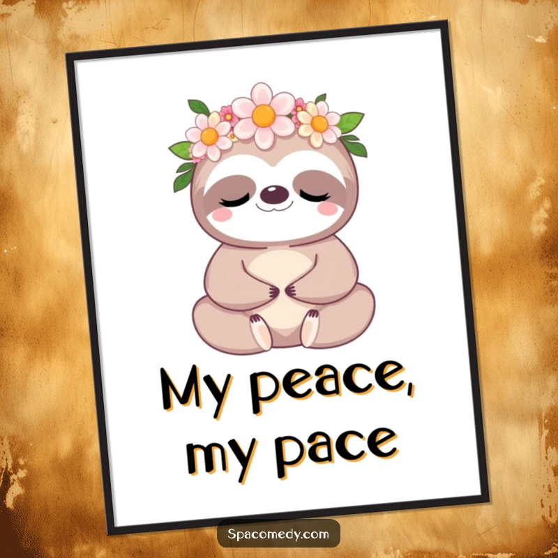 Funny Kawaii Sloth Poster: A serene sloth wearing a flower crown, meditating peacefully on your wall.