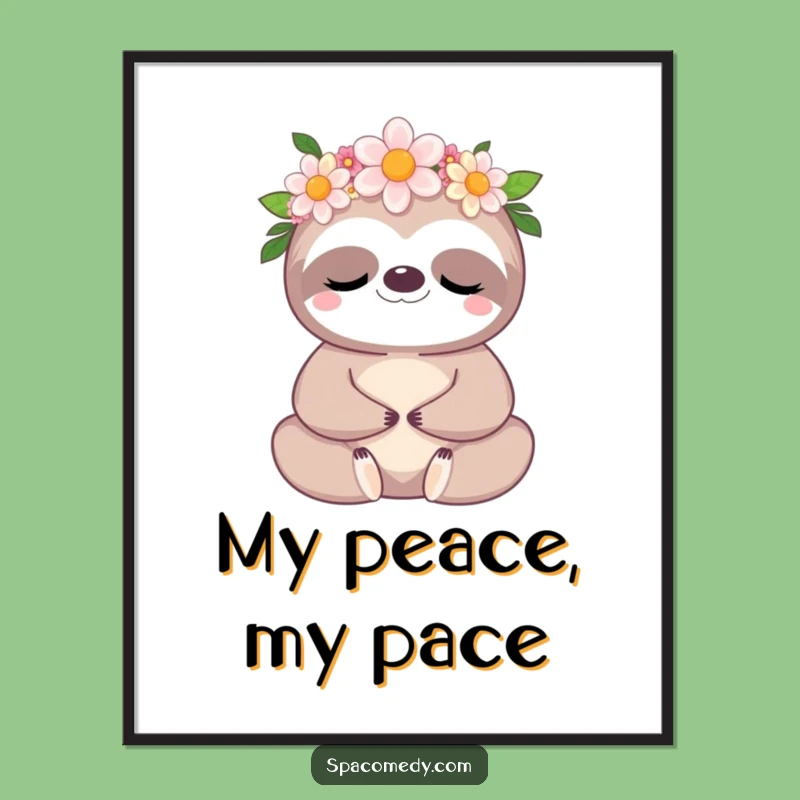 Funny Kawaii Sloth Poster: Meditative Flower Crown Art, Serene Funny Gift for Walls