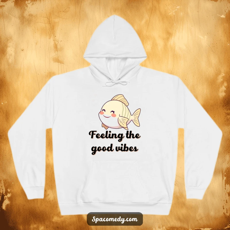 Funny fish hoodie showing a character in a gentle steam mist, embodying cozy relaxation and aquatic humor.