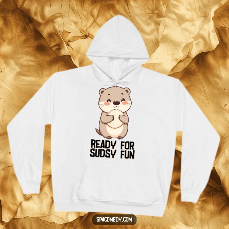Funny otter hoodie featuring an adorable character with a loofah, offering warmth and humorous bath-time charm.