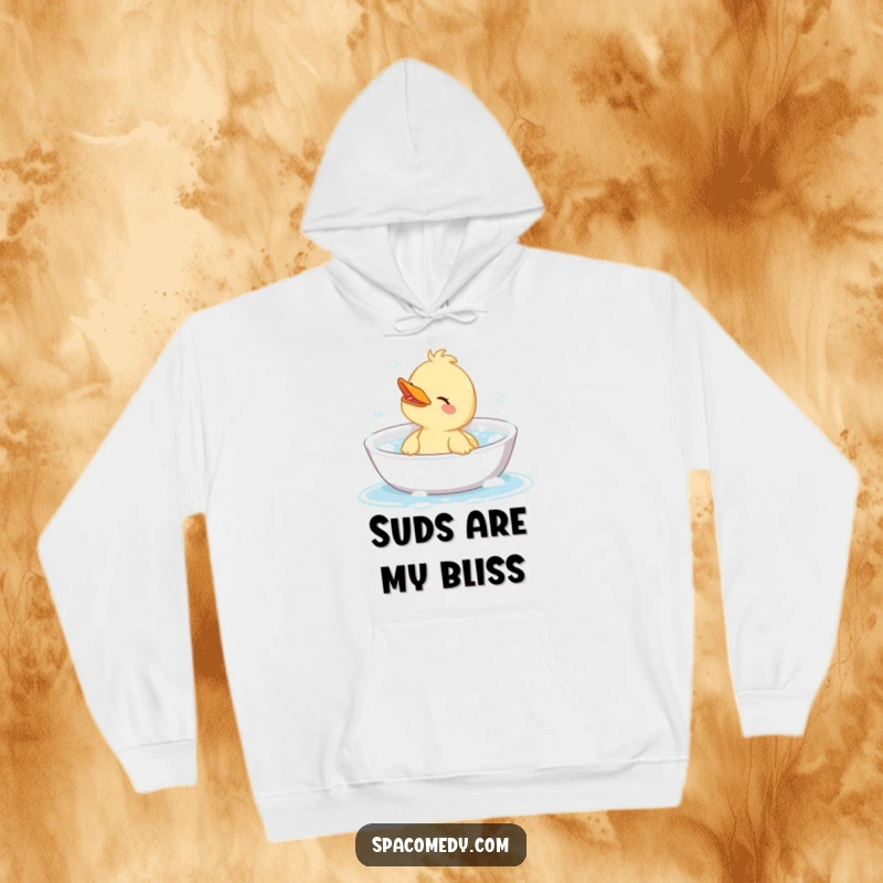 Funny hoodie with a cute duck character enjoying a relaxing bubble bath, offering humorous comfort and a cozy, spa-like feel.