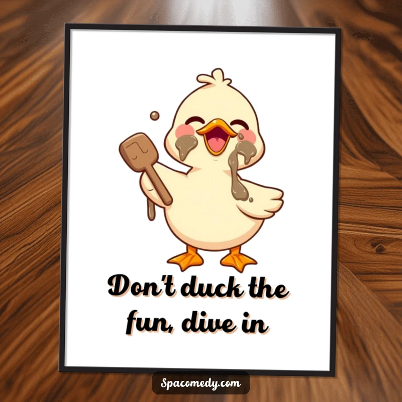 Funny free printable wall art: A cute kawaii duck joyfully applying mud to its face, radiating happiness.