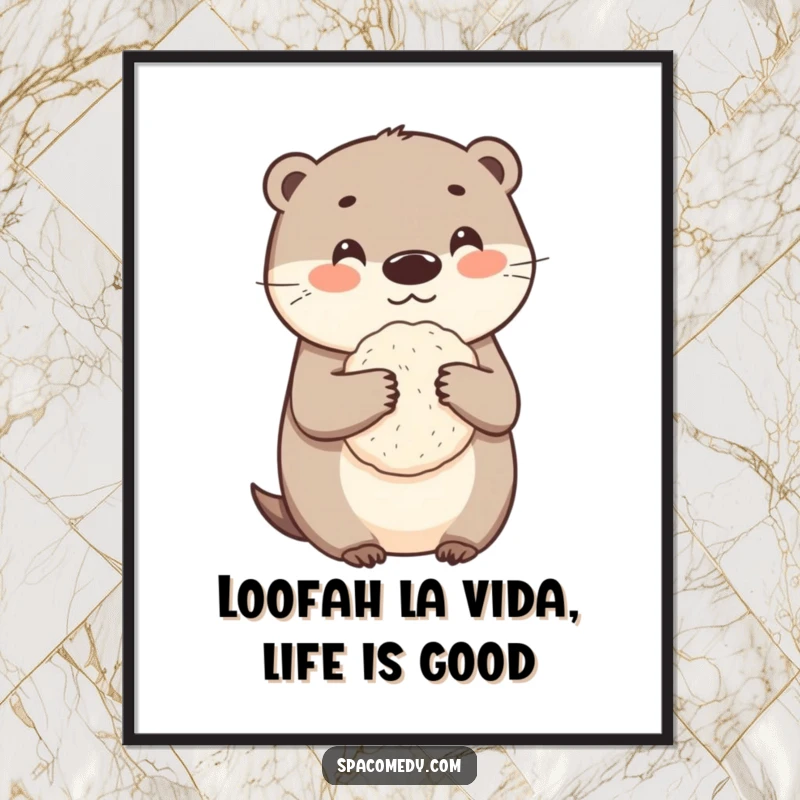 Funny Free Printable Wall Art: Adorable otter holding a loofah, a humorous downloadable piece of art for a clean, cute, and cheerful room.
