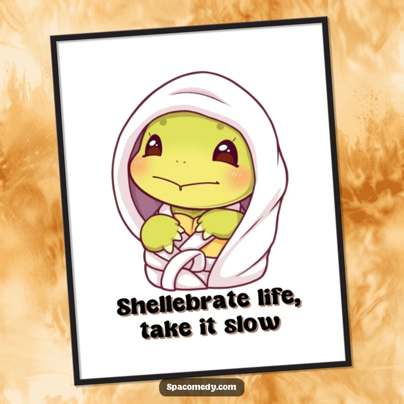 Funny Free Printable Wall Art: Shy turtle peeking from a spa robe, a humorous downloadable piece of art for a cozy, tranquil, and funny atmosphere.