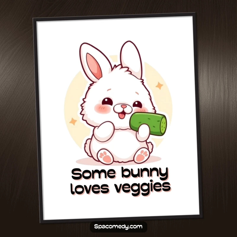Funny Free Printable Wall Art: Kawaii bunny comically enjoying a cucumber slice, adding a humorous touch to home decor.