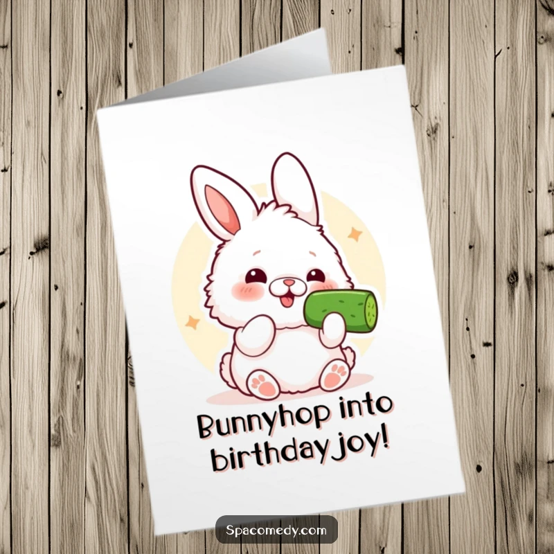 Funny Free Printable Birthday Card: Kawaii bunny comically eating a cucumber slice with wide eyes, spreading birthday joy.