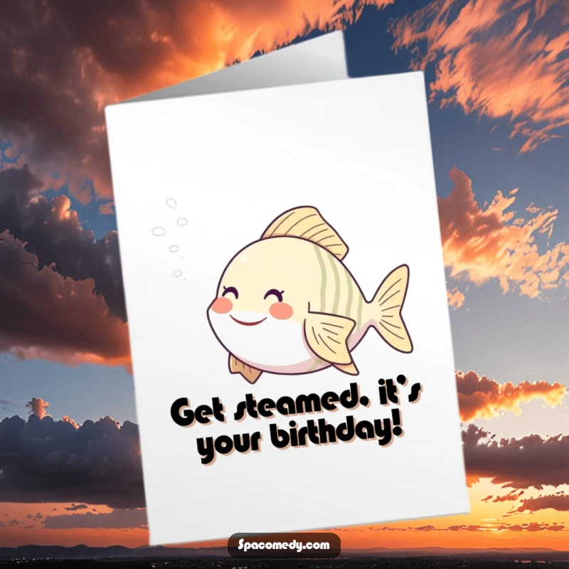 Funny Free Printable Birthday Card: Smiling fish steaming happily in a spa, wishing a hilarious happy birthday with a downloadable cartoon.