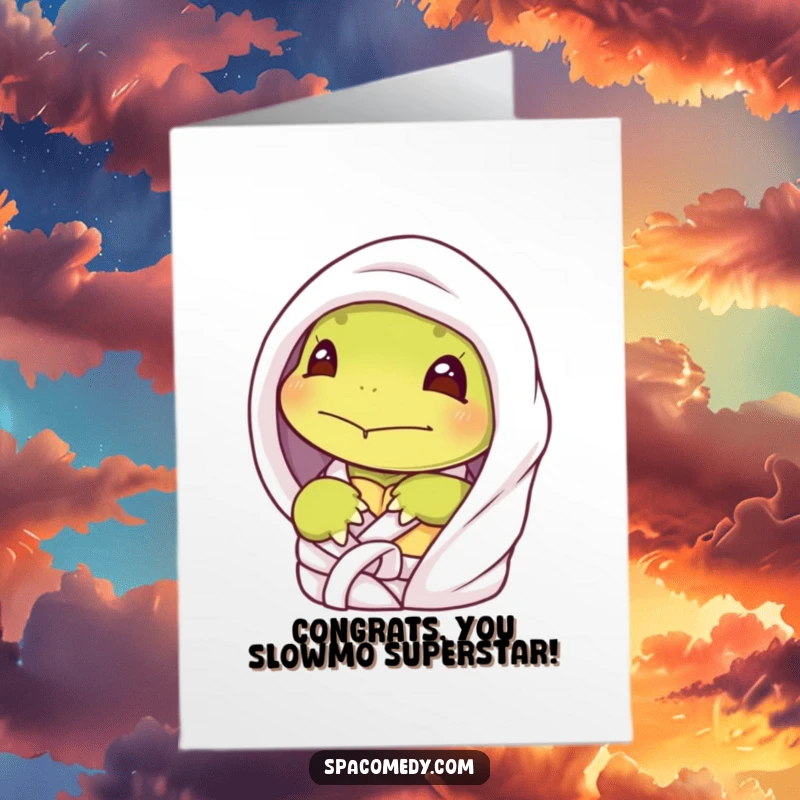 Funny Free Printable Congratulations Card: Shy turtle peeking from spa robe, celebrating achievements with downloadable, humorous, relaxed vibes.