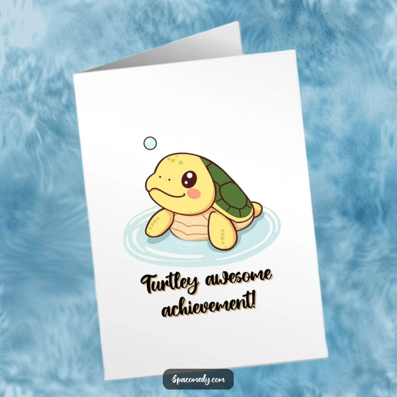 Free Printable Congratulations Card: Kawaii small turtle happily soaking in warm water with a joyful expression, celebrating achievements.