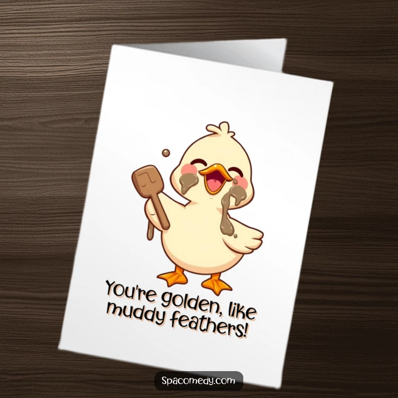 Funny free printable congratulations card: A joyful kawaii duck happily applying mud to its face, enjoying a spa moment.
