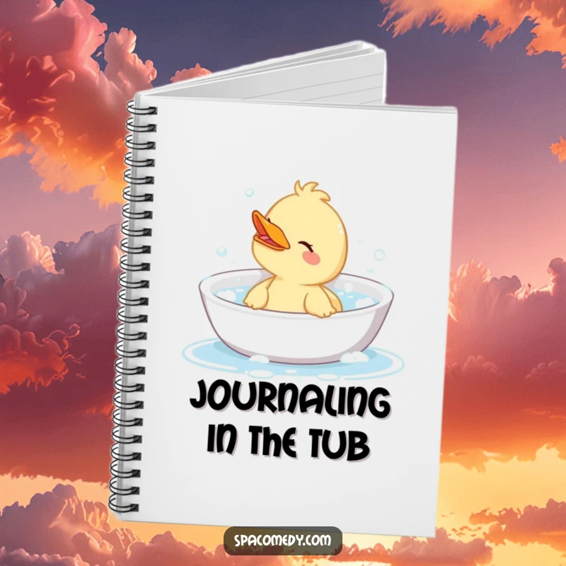 Funny notebook showing a cute duck character enjoying a bubbly bath, perfect for notes, journaling, or sketching with a humorous touch.