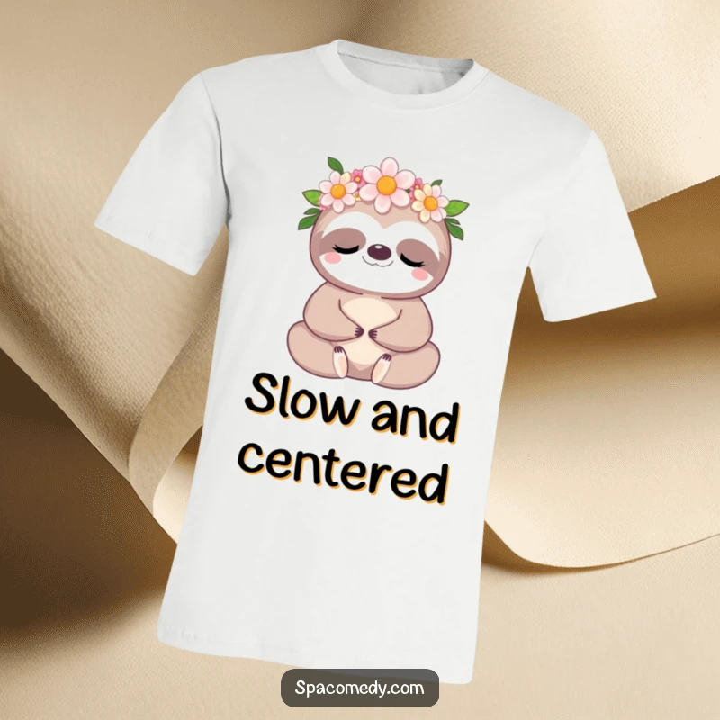 Funny Kawaii Sloth T-Shirt: A cute sloth wearing a flower crown, peacefully meditating with a smile.