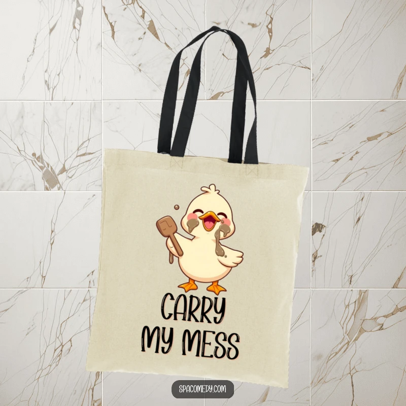 Funny Kawaii Duck Tote Bag with a cute duck enjoying a mud mask, ideal for carrying spa items and adding a humorous touch.