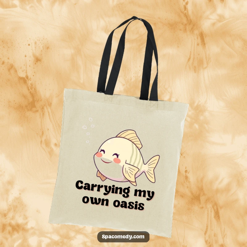 Funny fish tote bag featuring a character enjoying a spa steam mist, a humorous and practical accessory.