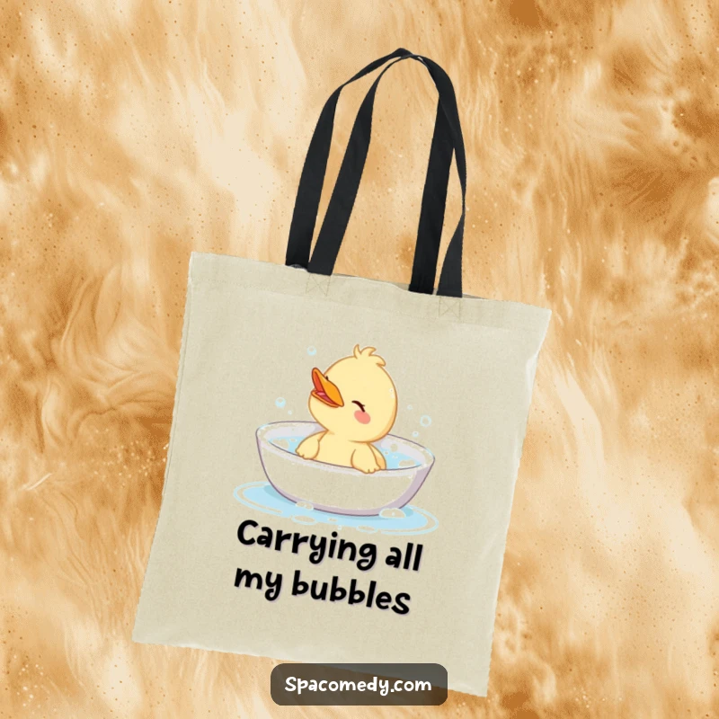 Funny tote bag featuring a cute duck character relaxing in a bubbly bath, a humorous accessory for carrying spa day essentials.