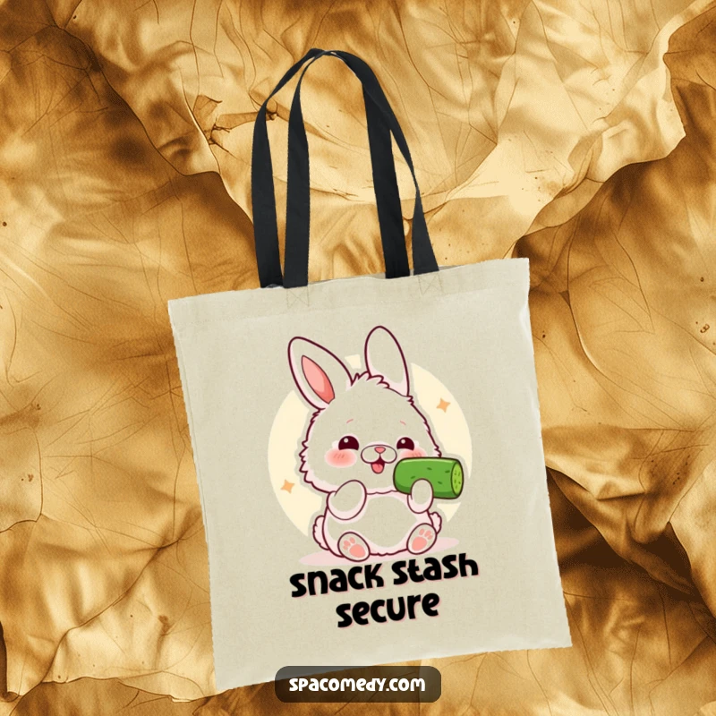 Funny Kawaii Bunny Tote Bag: A cute bunny hilariously munching on a slice of cucumber, looking content.